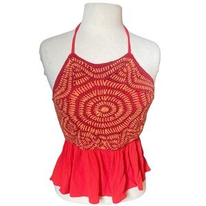 Forever 21 Halter Top  Crochet Orange & Red Gauze Ruffled Bottom Y2k Retro Vibes
